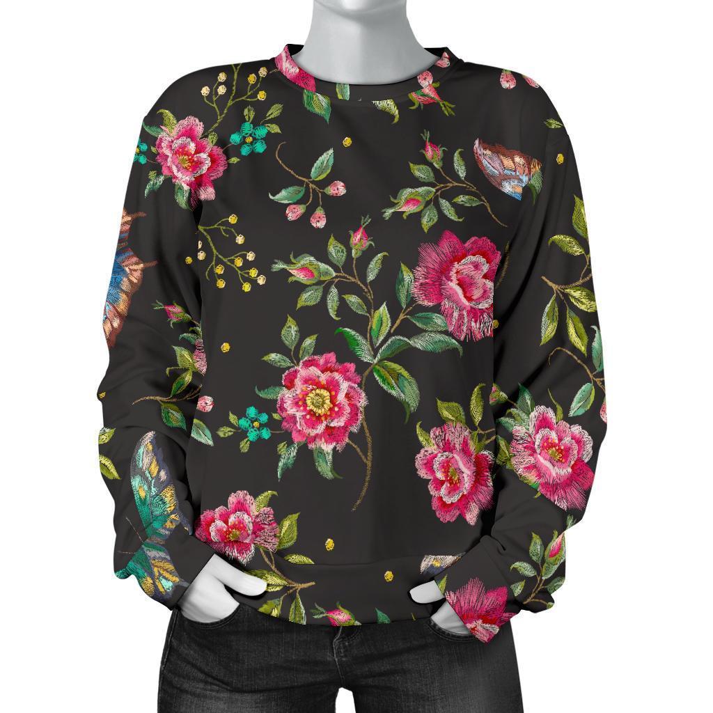 Butterfly And Flower Pattern Print Women's Crewneck Sweatshirt GearFrost