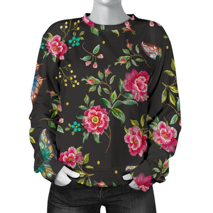 Butterfly And Flower Pattern Print Women's Crewneck Sweatshirt GearFrost