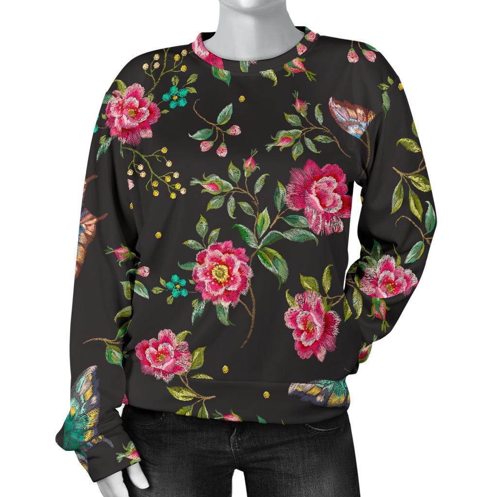 Butterfly And Flower Pattern Print Women's Crewneck Sweatshirt GearFrost