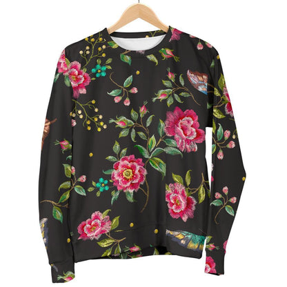 Butterfly And Flower Pattern Print Women's Crewneck Sweatshirt GearFrost