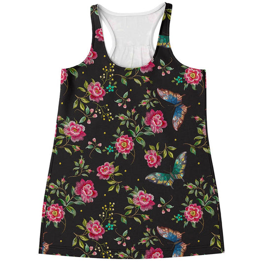 Butterfly And Flower Pattern Print Women's Racerback Tank Top