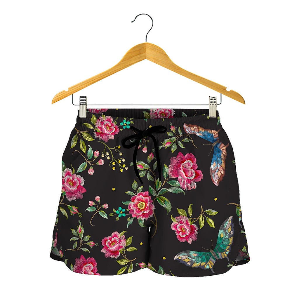 Butterfly And Flower Pattern Print Women's Shorts