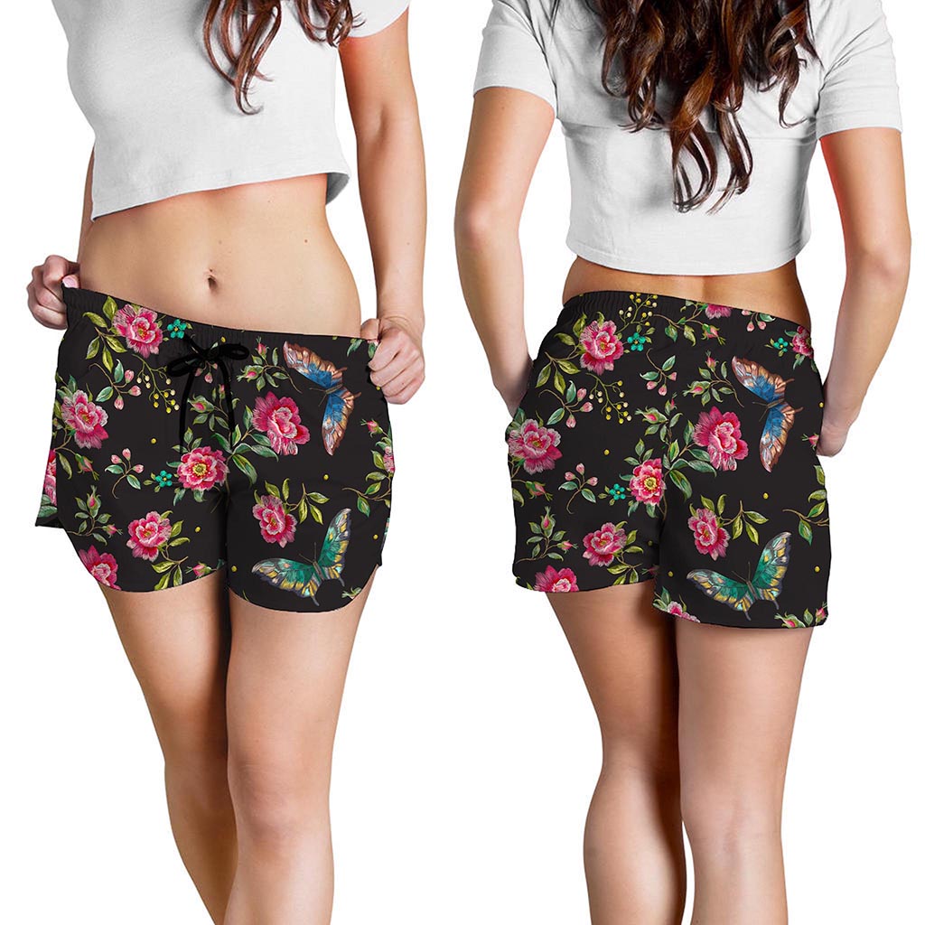 Butterfly And Flower Pattern Print Women's Shorts