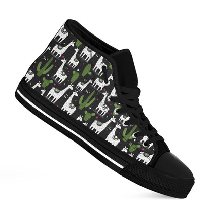 Cactus And Llama Pattern Print Black High Top Shoes