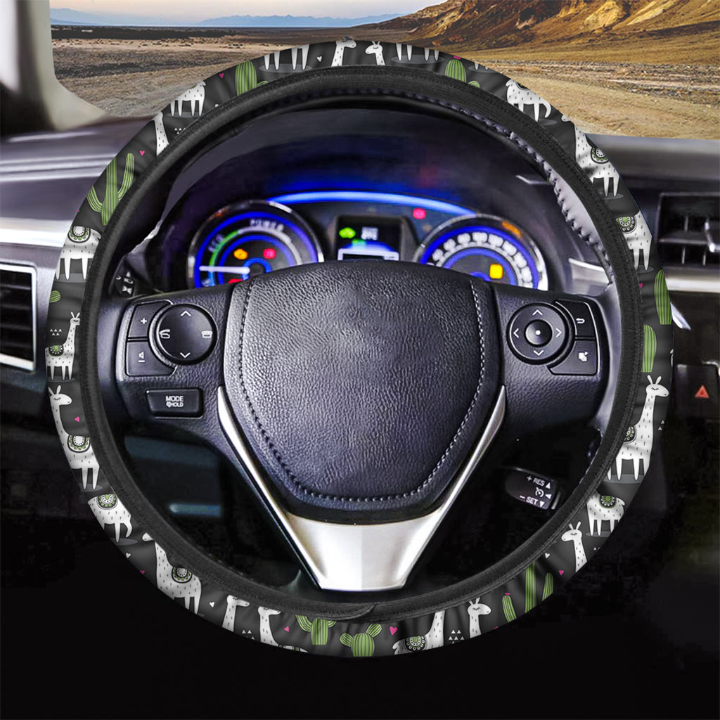 Cactus And Llama Pattern Print Car Steering Wheel Cover