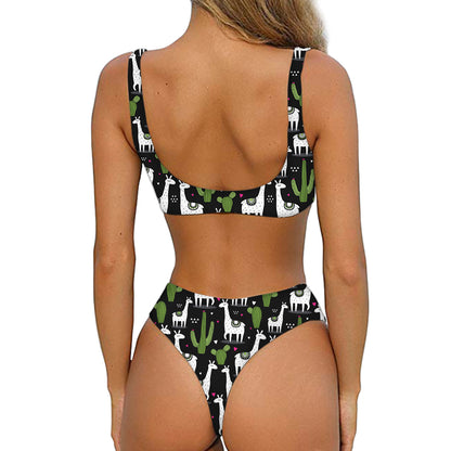 Cactus And Llama Pattern Print Front Bow Tie Bikini
