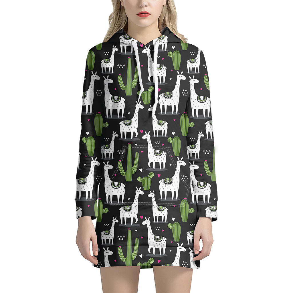 Cactus And Llama Pattern Print Hoodie Dress