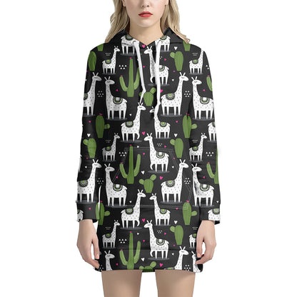 Cactus And Llama Pattern Print Hoodie Dress