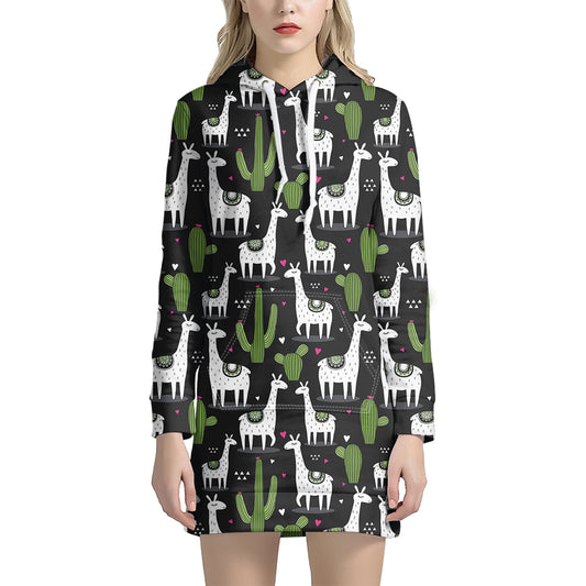Cactus And Llama Pattern Print Hoodie Dress