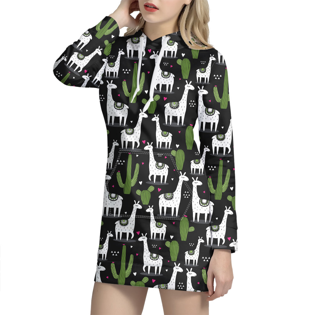 Cactus And Llama Pattern Print Hoodie Dress