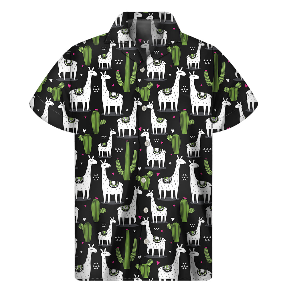 Cactus And Llama Pattern Print Men's Short Sleeve Shirt
