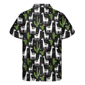 Cactus And Llama Pattern Print Men's Short Sleeve Shirt