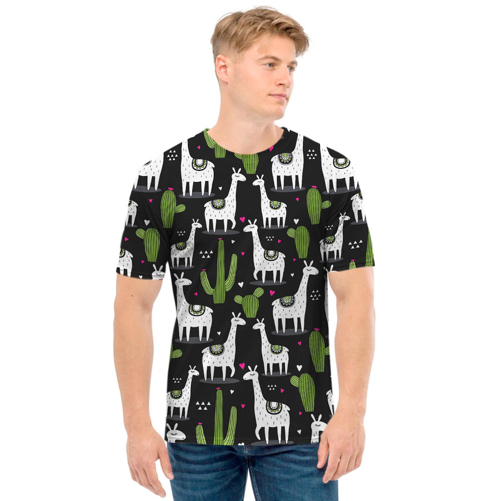 Cactus And Llama Pattern Print Men's T-Shirt