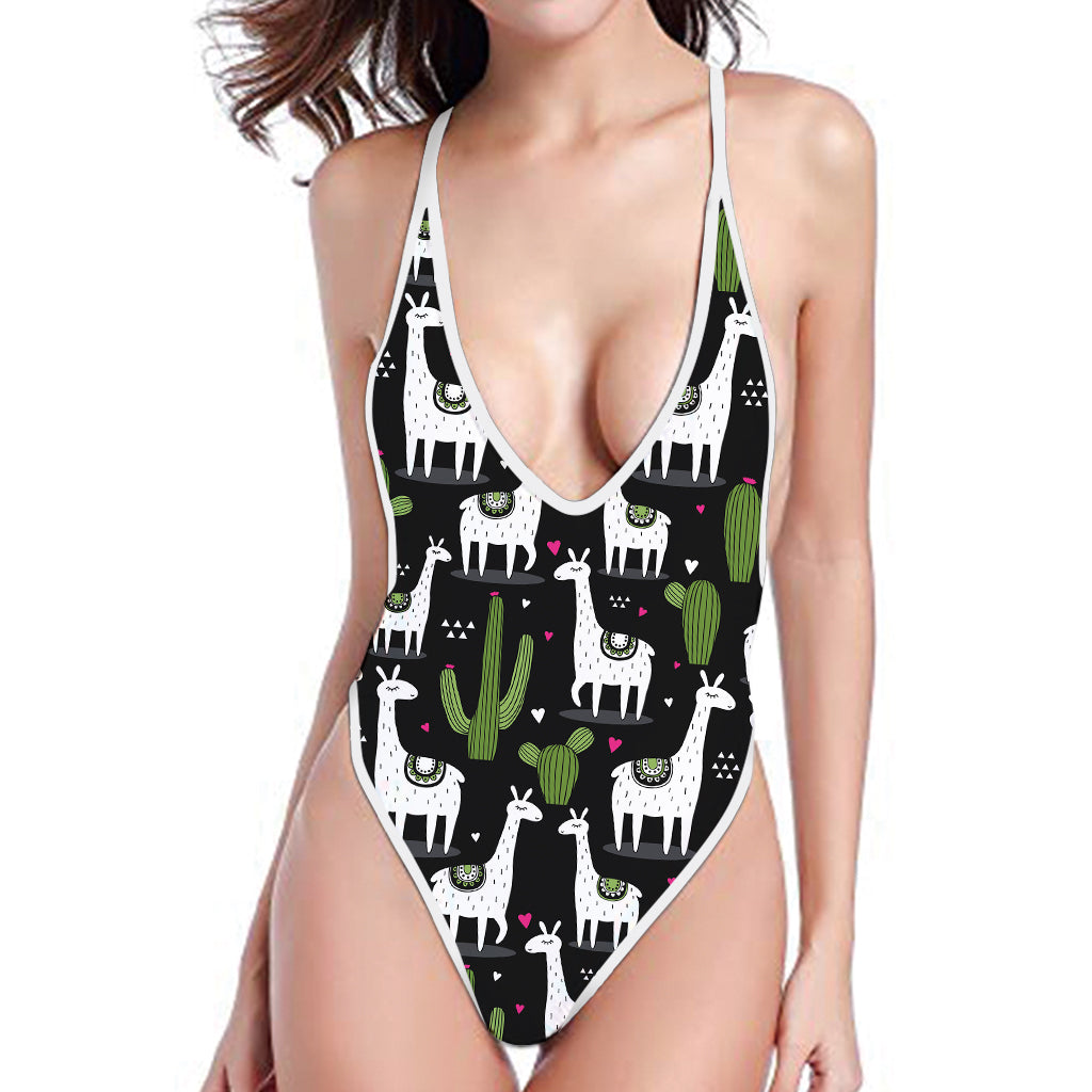 Cactus And Llama Pattern Print One Piece High Cut Swimsuit