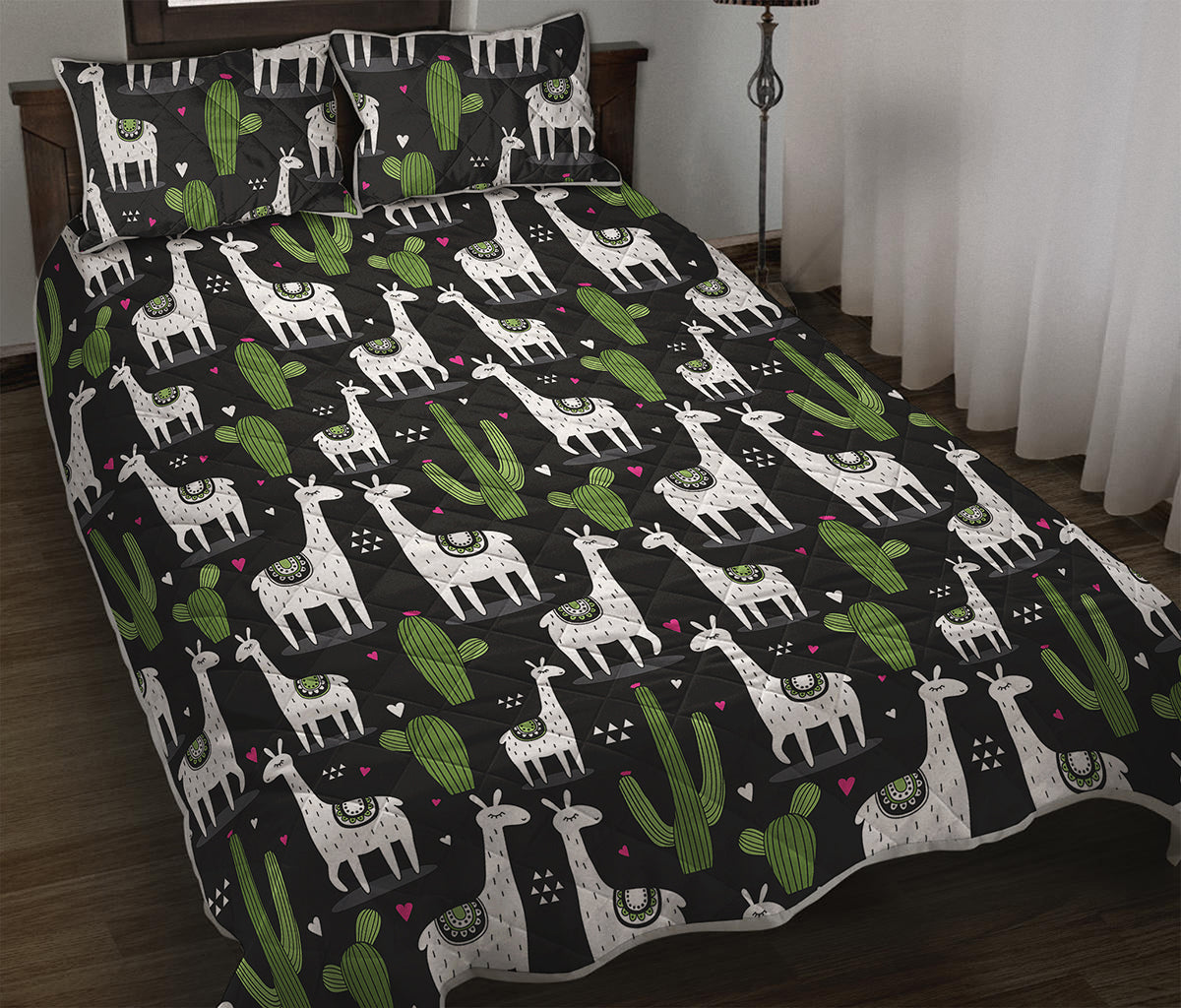 Cactus And Llama Pattern Print Quilt Bed Set