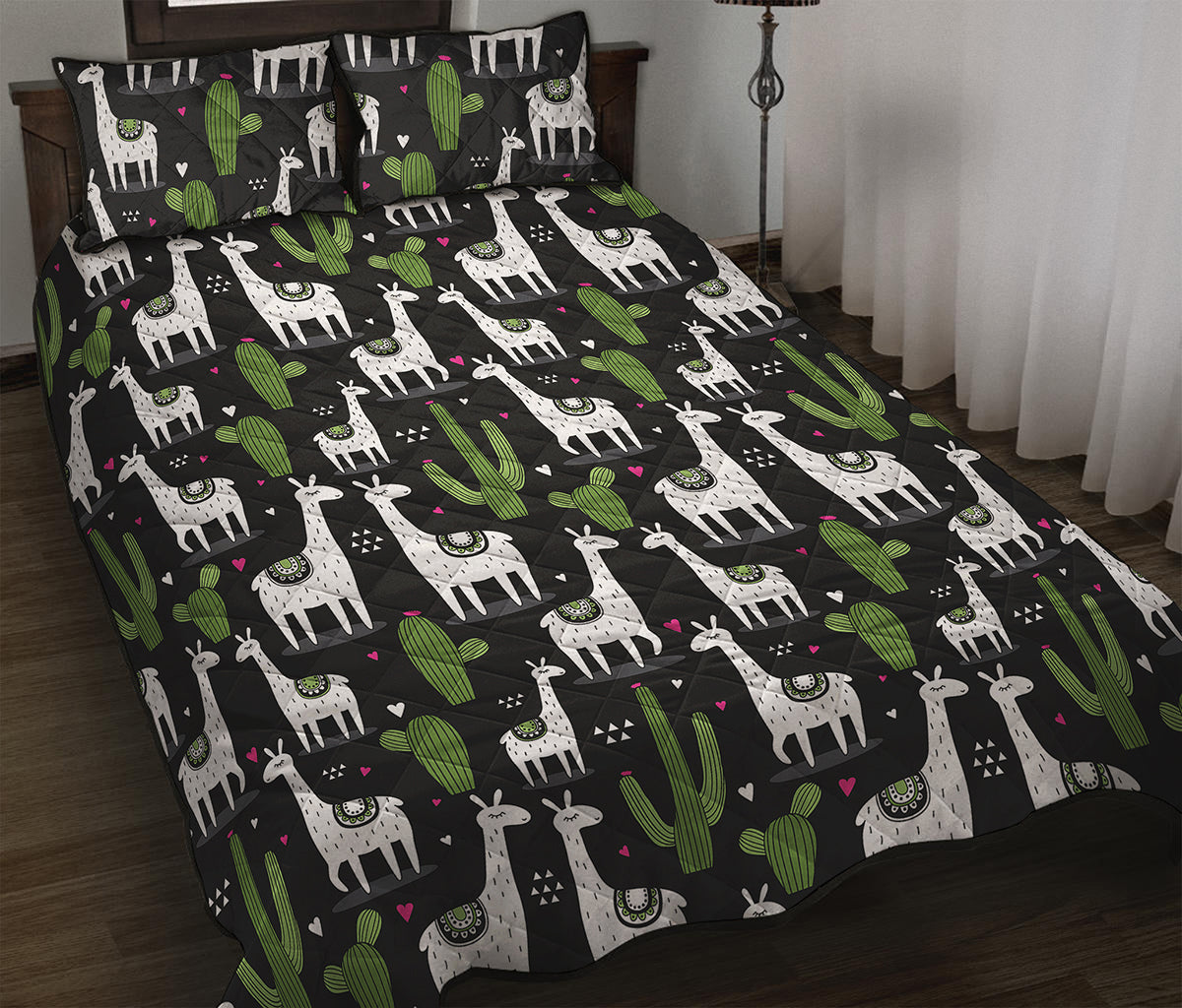 Cactus And Llama Pattern Print Quilt Bed Set
