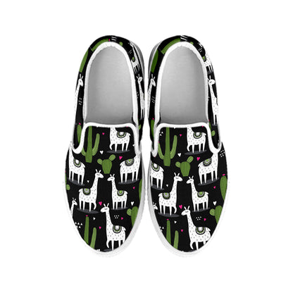 Cactus And Llama Pattern Print White Slip On Shoes