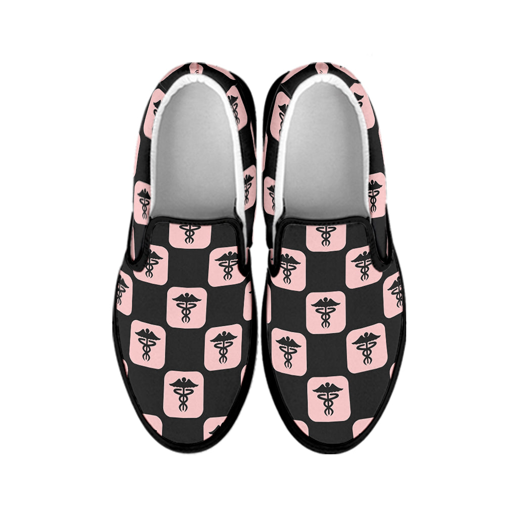 Caduceus Pattern Print Black Slip On Shoes