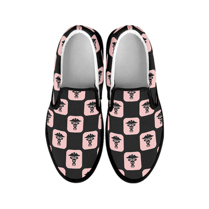 Caduceus Pattern Print Black Slip On Shoes