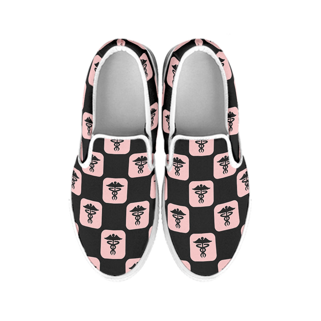 Caduceus Pattern Print White Slip On Shoes