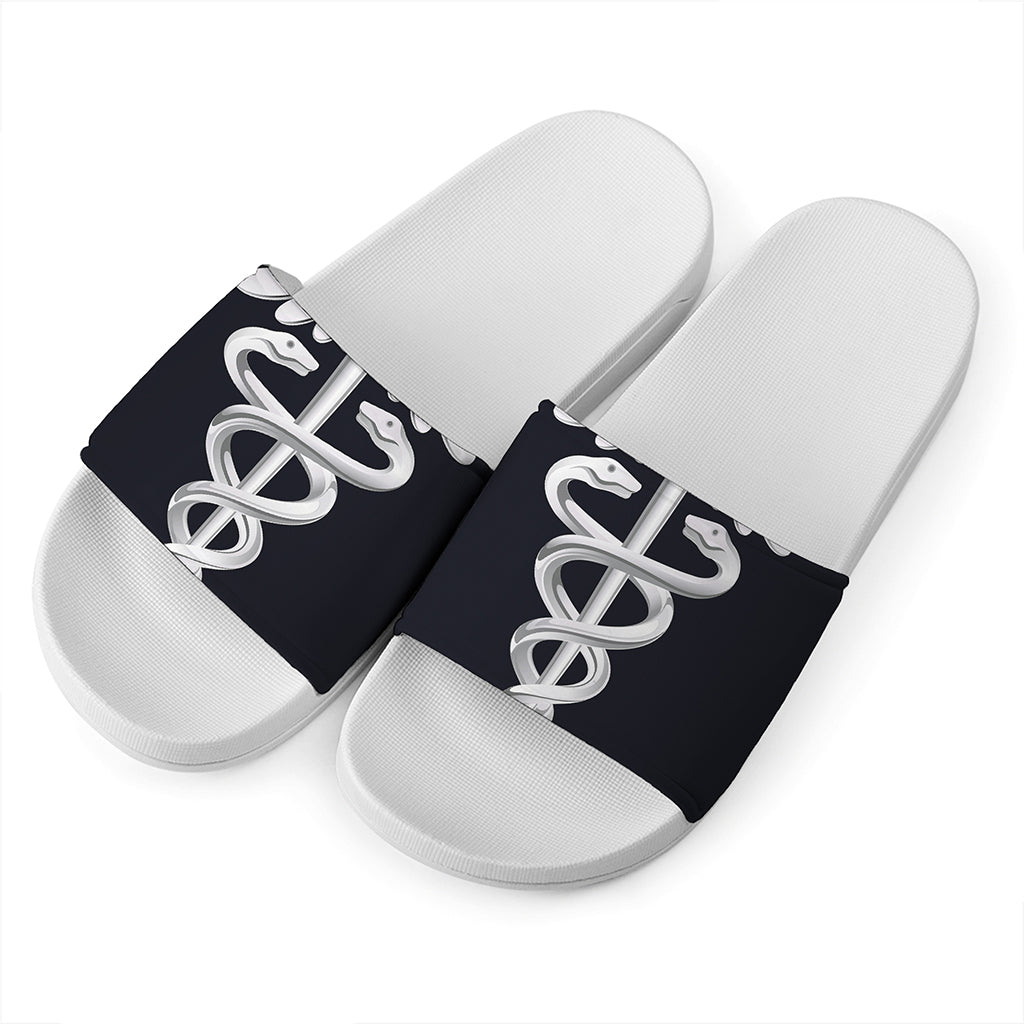 Caduceus Symbol Of Medicine Print White Slide Sandals