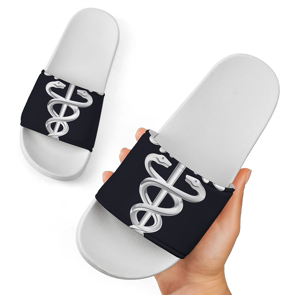 Caduceus Symbol Of Medicine Print White Slide Sandals