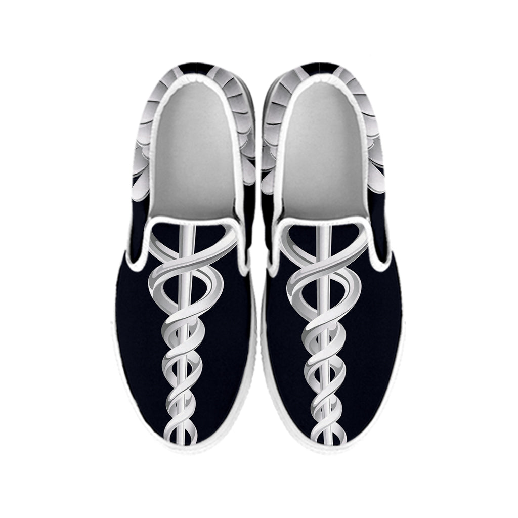 Caduceus Symbol Of Medicine Print White Slip On Shoes