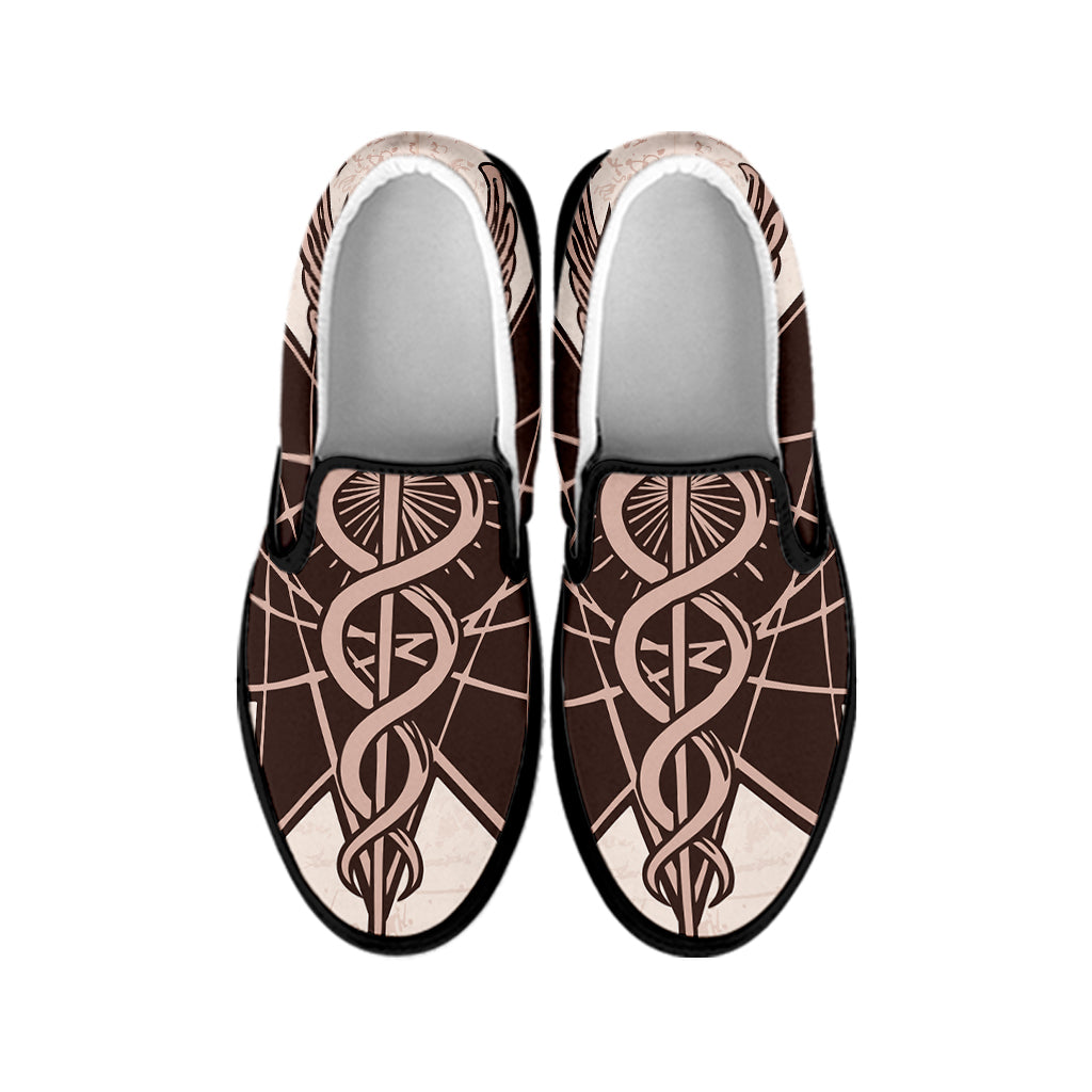 Caduceus Symbol Print Black Slip On Shoes