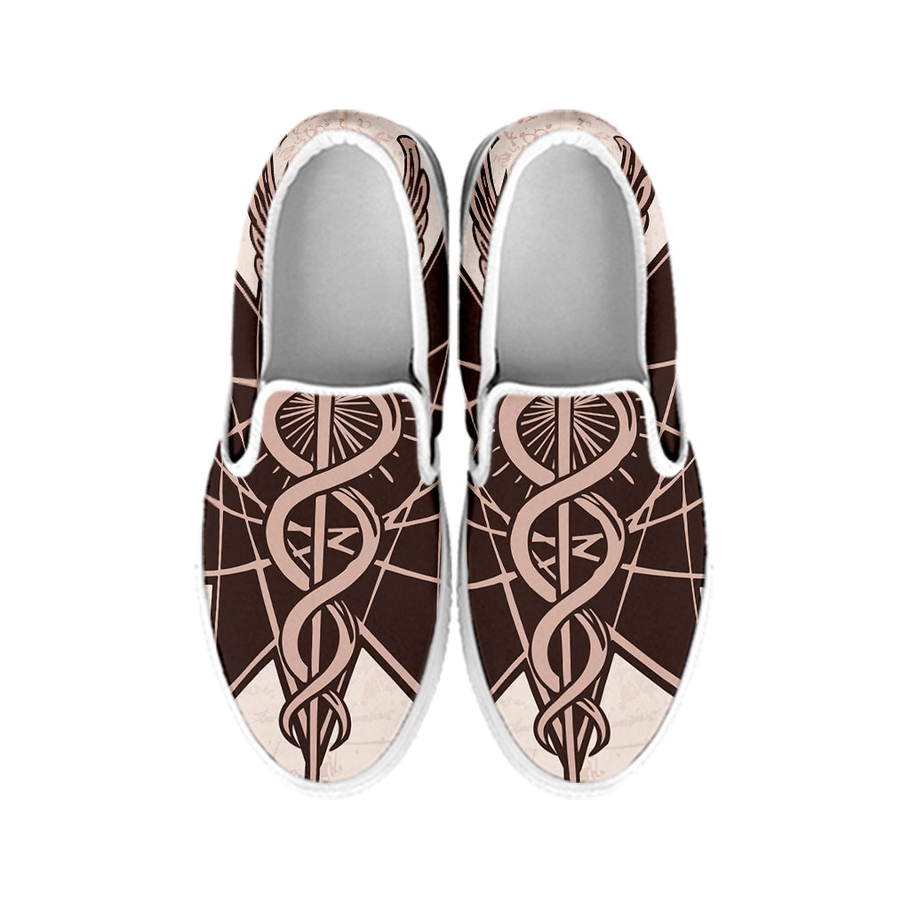 Caduceus Symbol Print White Slip On Shoes