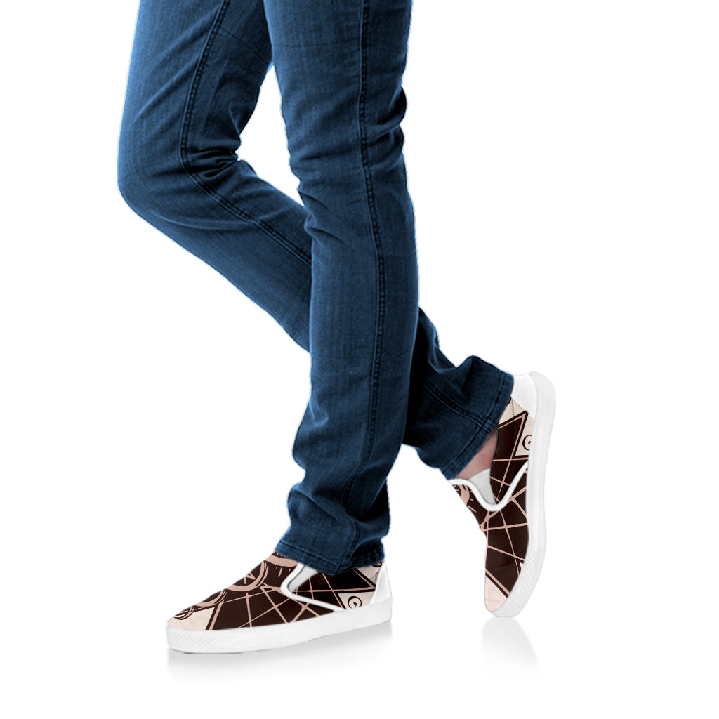 Caduceus Symbol Print White Slip On Shoes