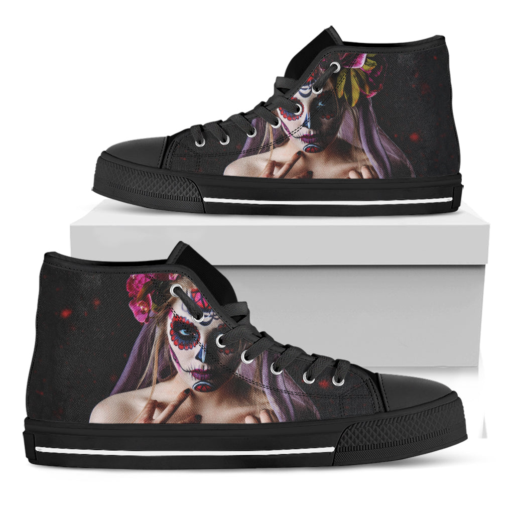 Calavera Girl Day of The Dead Print Black High Top Shoes