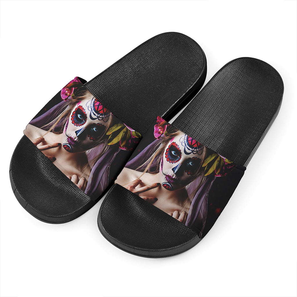 Calavera Girl Day of The Dead Print Black Slide Sandals