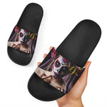 Calavera Girl Day of The Dead Print Black Slide Sandals