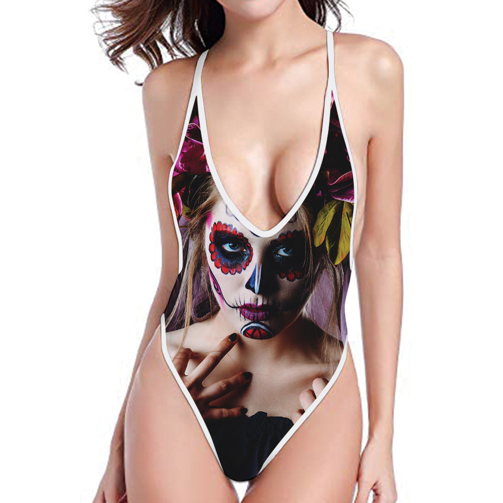Calavera Girl Day of The Dead Print One Piece High Cut Swimsuit