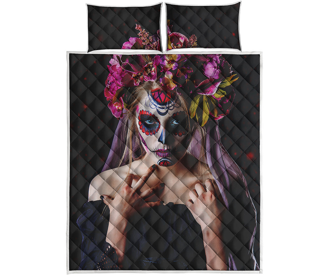 Calavera Girl Day of The Dead Print Quilt Bed Set