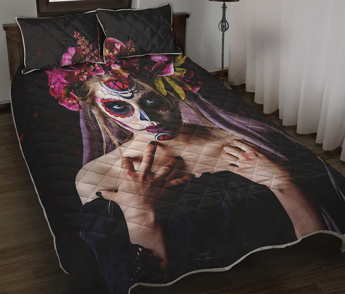 Calavera Girl Day of The Dead Print Quilt Bed Set