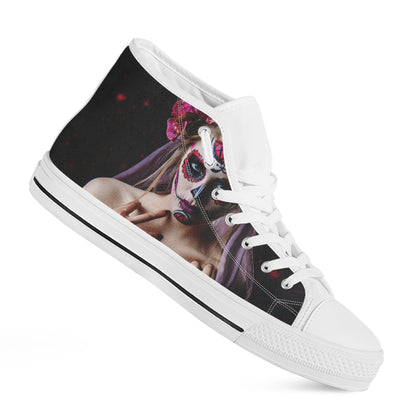 Calavera Girl Day of The Dead Print White High Top Shoes