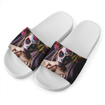 Calavera Girl Day of The Dead Print White Slide Sandals