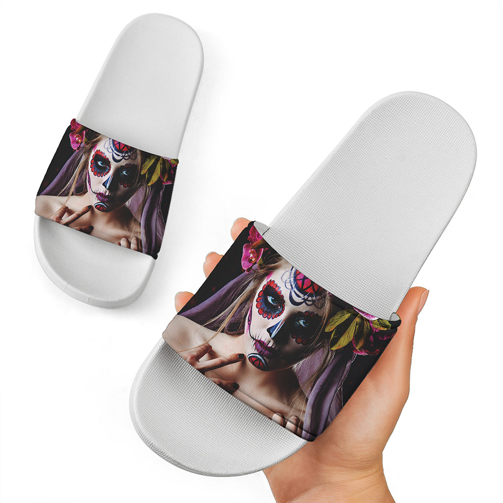 Calavera Girl Day of The Dead Print White Slide Sandals