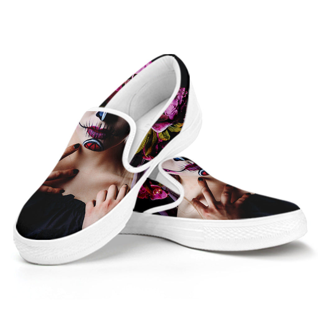 Calavera Girl Day of The Dead Print White Slip On Shoes