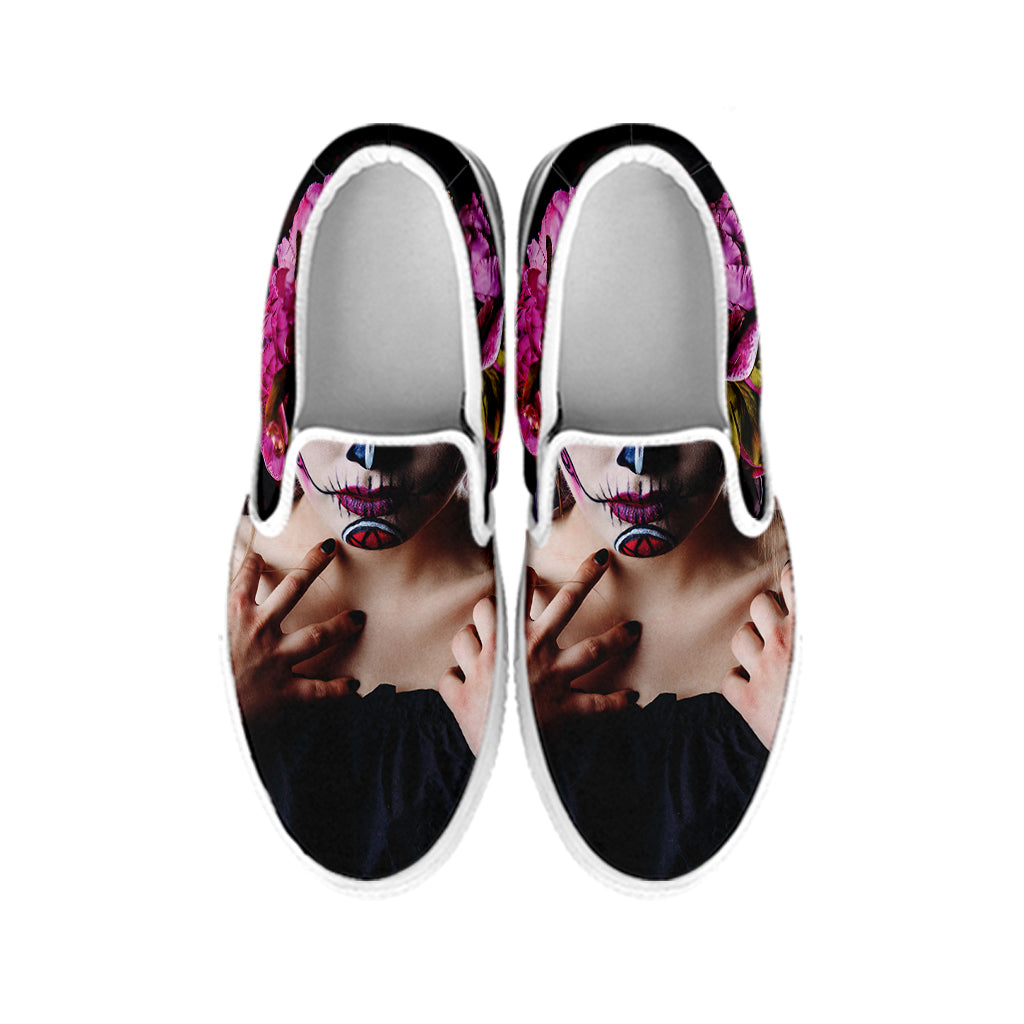 Calavera Girl Day of The Dead Print White Slip On Shoes