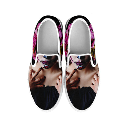 Calavera Girl Day of The Dead Print White Slip On Shoes