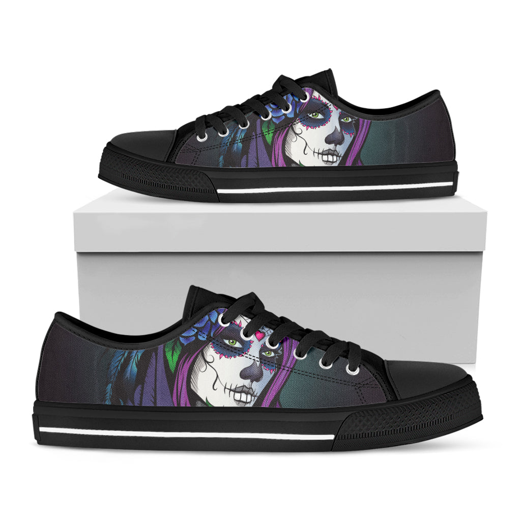 Calavera Girl Dia De Los Muertos Print Black Low Top Shoes 
