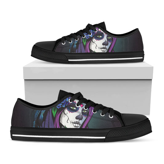 Calavera Girl Dia De Los Muertos Print Black Low Top Shoes 