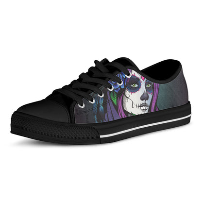 Calavera Girl Dia De Los Muertos Print Black Low Top Shoes 