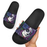 Calavera Girl Dia De Los Muertos Print Black Slide Sandals