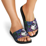 Calavera Girl Dia De Los Muertos Print Black Slide Sandals