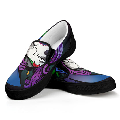 Calavera Girl Dia De Los Muertos Print Black Slip On Shoes
