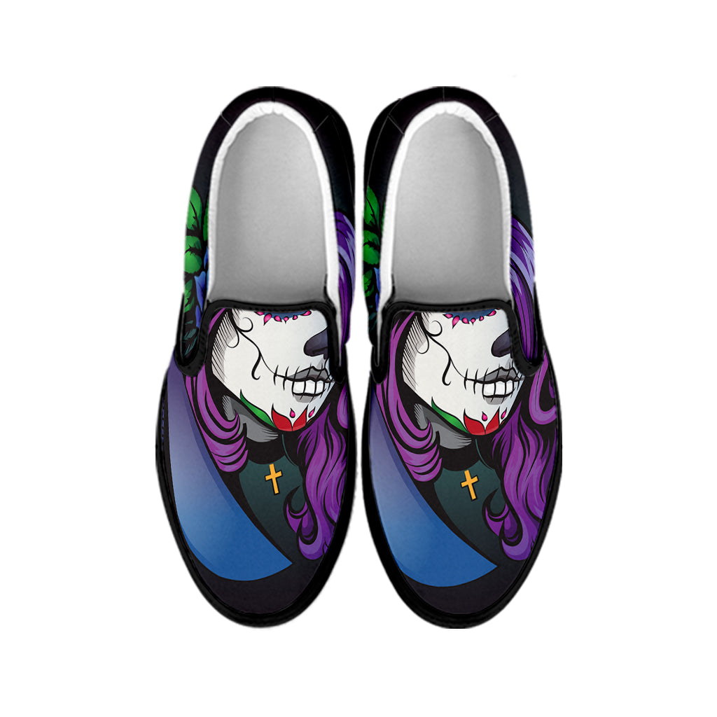 Calavera Girl Dia De Los Muertos Print Black Slip On Shoes