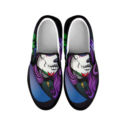Calavera Girl Dia De Los Muertos Print Black Slip On Shoes